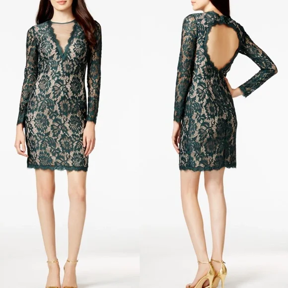 Betsy & Adam | Green Floral Lace Illusion Dress